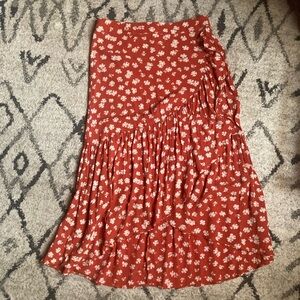 J Crew Red Ruffle Midi Skirt with white Flowers